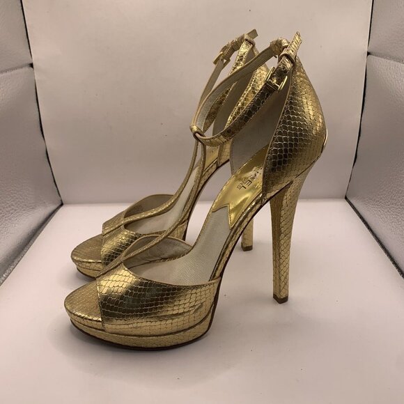 Michael Kors Brenna T Strap Peep Toe Sandal metallic gold High Heels Sz 9.5M E2 - Picture 2 of 7